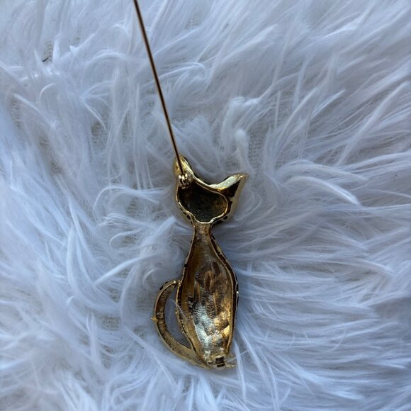 Vintage Gold-Tone Leopard Cat Brooch With Green Rhinestone Eyes & Black Enamel - Picture 4 of 8